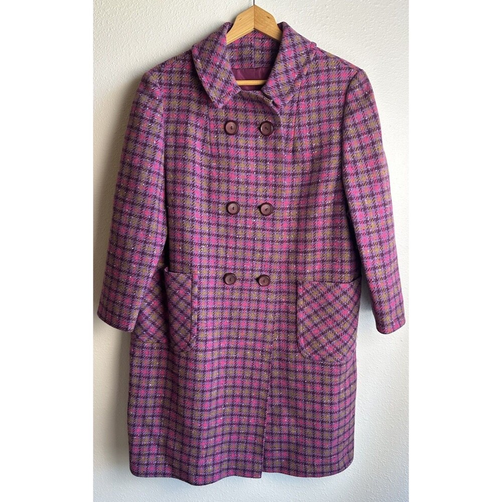 Vintage Sears Fashion Plaid Wool Blend Coat Women’s Pink Purple Long Overcoat